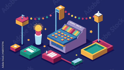A blue cash register with a green card reader and a yellow box with a red sticker on it