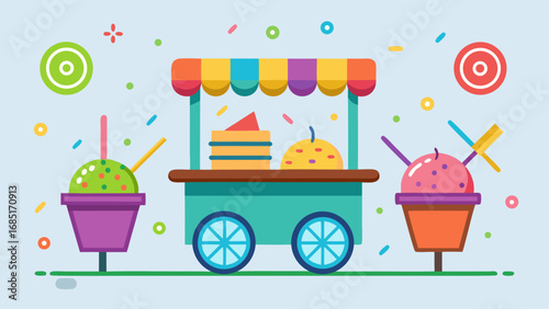 A colorful ice cream cart with a blue cart and a green cart. There are many different flavors of ice cream, including strawberry, chocolate, and vanilla. The cart is parked on a sidewalk