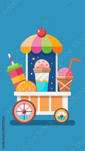 A colorful ice cream cart with a blue cart and a green cart. There are many different flavors of ice cream, including strawberry, chocolate, and vanilla. The cart is parked on a sidewalk