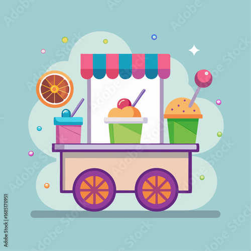 A colorful ice cream cart with a blue cart and a green cart. There are many different flavors of ice cream, including strawberry, chocolate, and vanilla. The cart is parked on a sidewalk