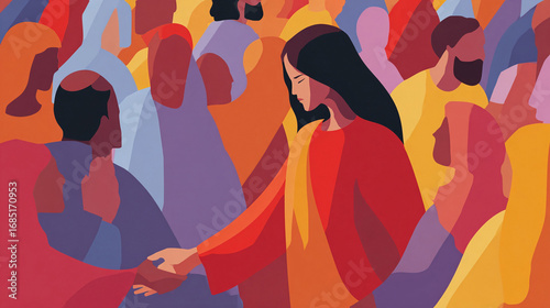 Abstract artwork depicting a diverse group of people, showcasing connection and community. Warm, vibrant colors and stylized forms suggest unity and cooperation. Suitable for social themes.