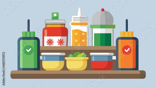 A shelf with condiments and a bottle with a check mark on it. The shelf is blue and the condiments are in various colors