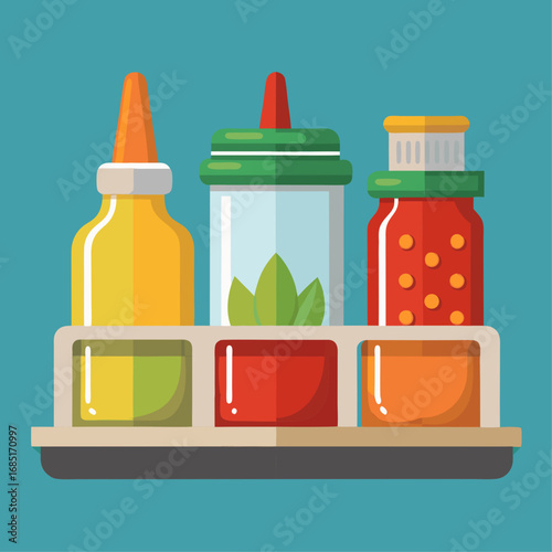 A shelf with condiments and a bottle with a check mark on it. The shelf is blue and the condiments are in various colors
