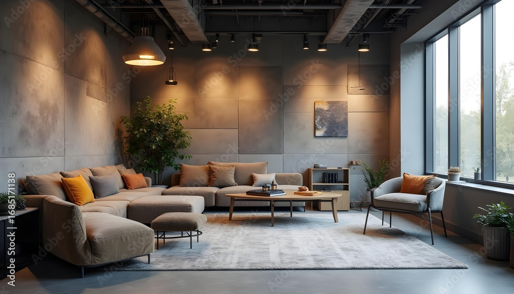 Fototapeta premium Modern Industrial Living Room Design with Cozy Sectional Sofa and Large Window