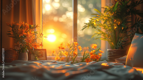Sunlit bedroom flowers glowing at sunrise interior concept