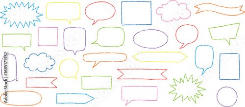 Vector set of pencil drawn speech bubbles of different shapes and colors.