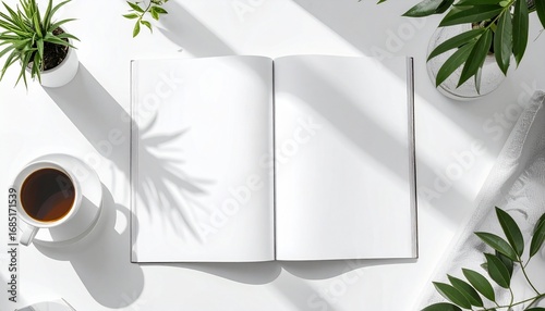 Minimalist flat lay of an open book with blank pages on a white desk, surrounded by coffee and green plants under morning sunlight