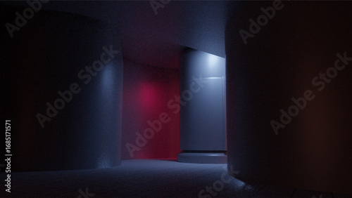 Fototapeta Naklejka Na Ścianę i Meble -  Dark liminal space of an abandoned industrial factory corridor with mysterious lighting, uncanny surreal ambience, deserted transitional architecture suitable for horror or sci-fi backgrounds