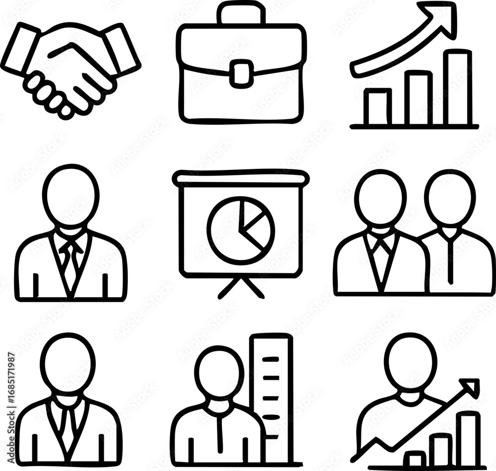Fototapeta premium Minimalist hand-drawn business icons: collaboration, growth, strategy, professional concepts. Ideal for web, print, apps.