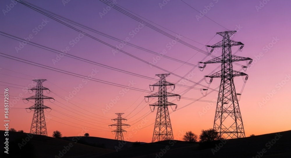Fototapeta premium Photo of a silhouette of power lines against a vibrant sunset sky, showcasing the infrastructure and technology of electricity transmission and the high voltage cables that supply energy