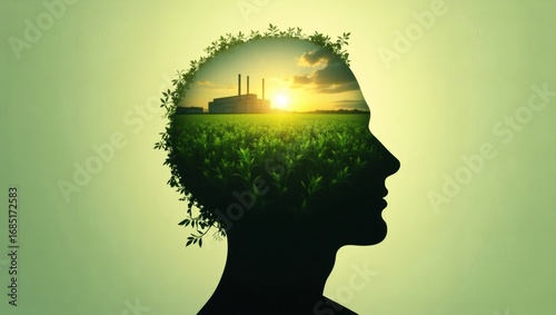 Silhouette of head with environment, a conceptual depiction of environmental awareness 
