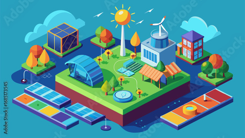 Isometric eco park with solar panels, wind turbine, green energy buildings and recreational zones surrounded by water