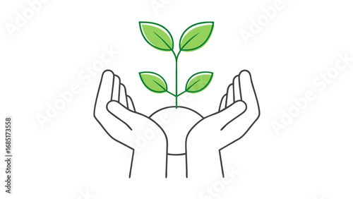 Hands gently surrounding a young plant growing from the soil, symbolizing environmental care and sustainability