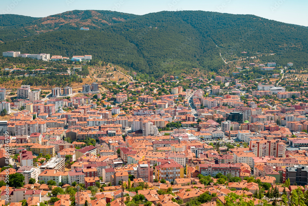 Fototapeta premium August 28, 2025 Yozgat Turkey. Aerial view of Yozgat City in Turkey. View of Yozgat city from Nohutlu Tepe Municipal Facilities.Yozgat State City Hospital is visible.