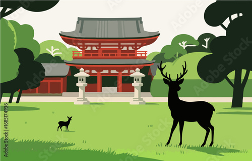 Japanese style architecture and scenery, vector graphics