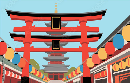 Japanese style architecture and scenery, vector graphics