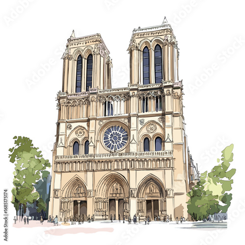 Notre-Dame Cathedral. Notre-Dame Cathedral watercolor vector illustration