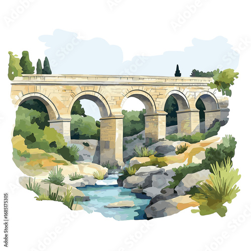 Pont du Gard. Pont du Gard watercolor vector illustration