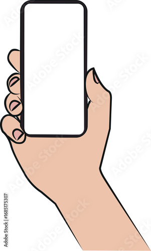 Flat vector illustration of a human hand holding a modern smartphone with a blank white screen. Perfect for app presentation, technology, communication, social media, and business design