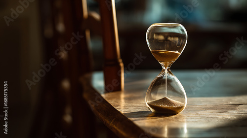 An hourglass on the table indicating imminent deadline