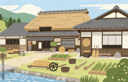 Japanese style architecture and scenery, vector graphics