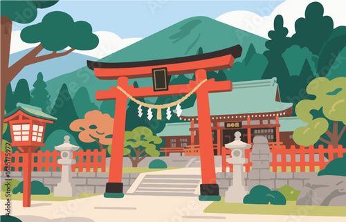 Japanese style architecture and scenery, vector graphics