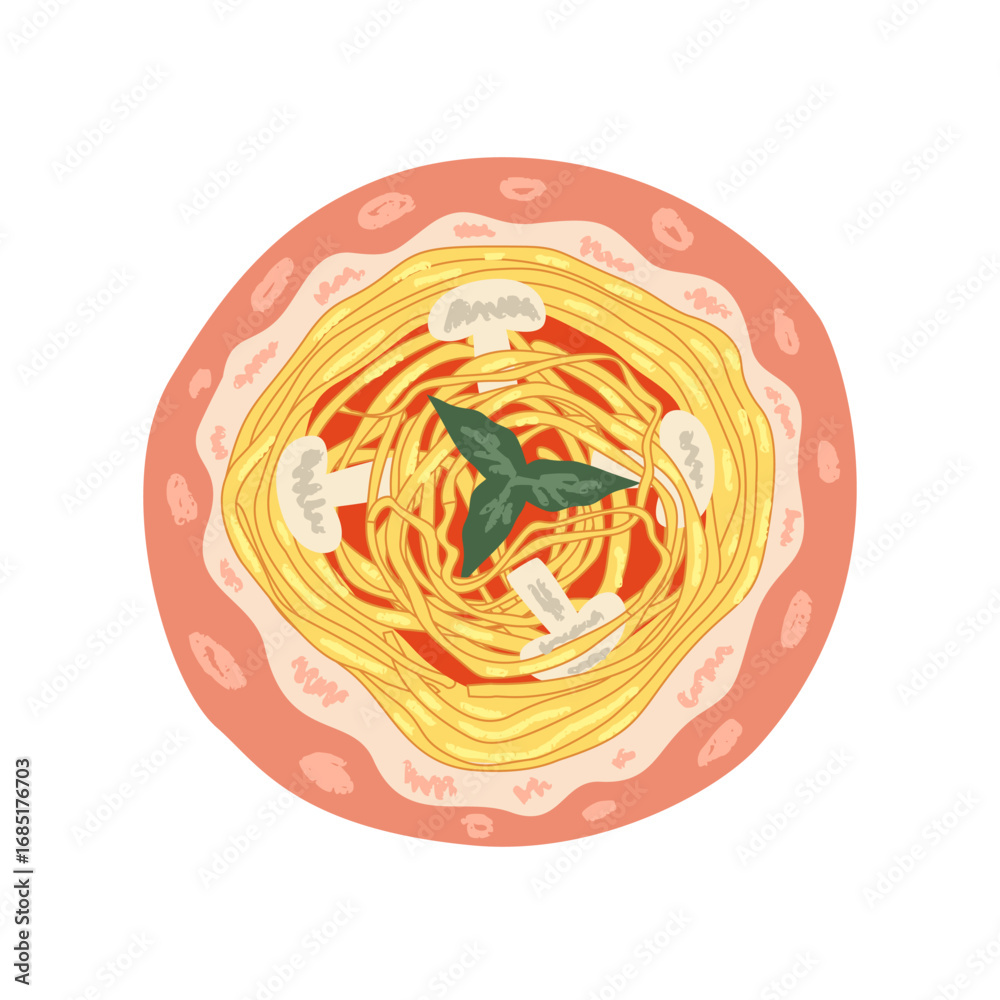 Fototapeta premium Pasta Italian food on plate isolated. Pasta with sauce. Vector hand drawn. Italian food with crayon texture