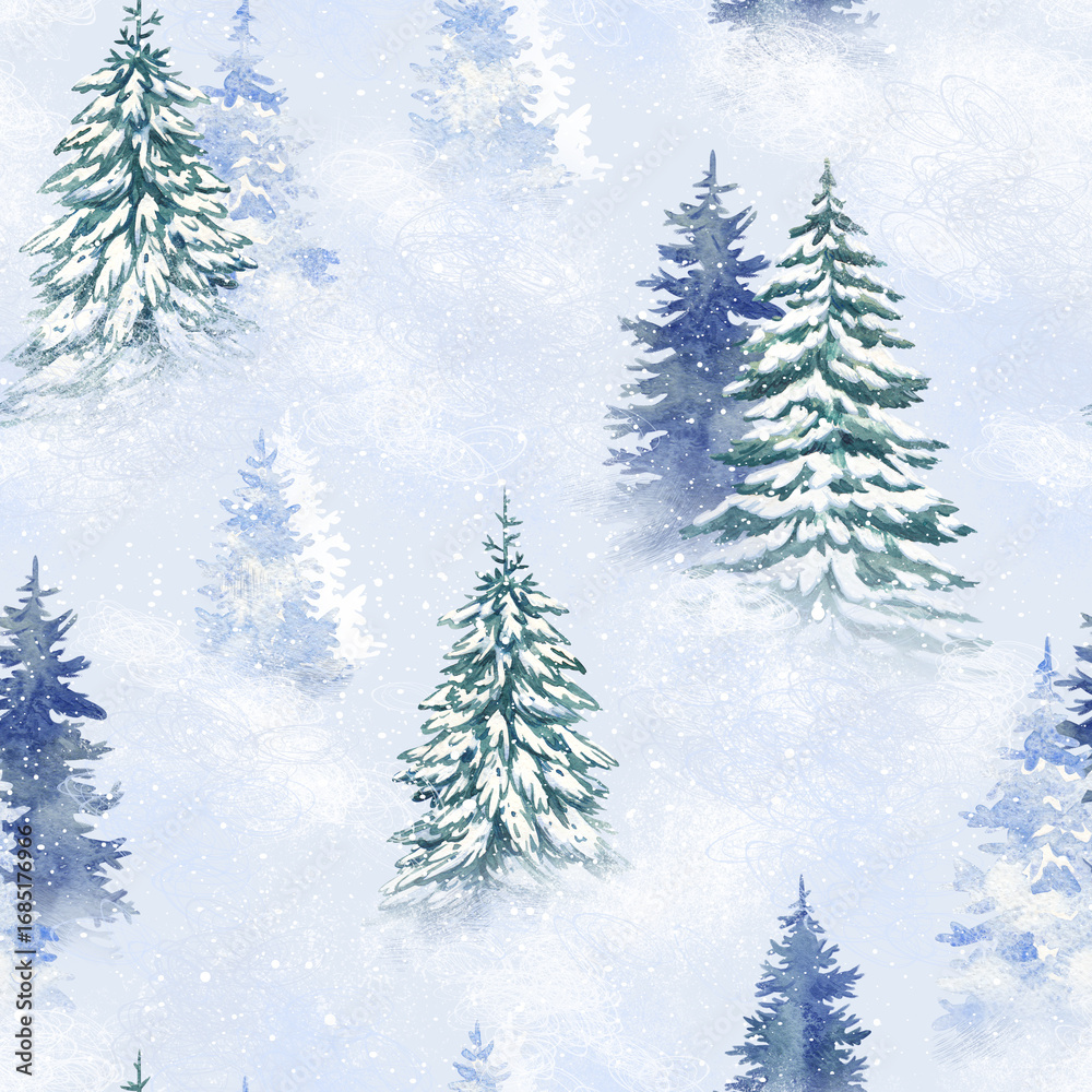 Obraz premium Watercolor seamless pattern with a winter forest in blue tones. Snowfall in the mountains. Textile print, page filling, wrapping paper. Winter background.