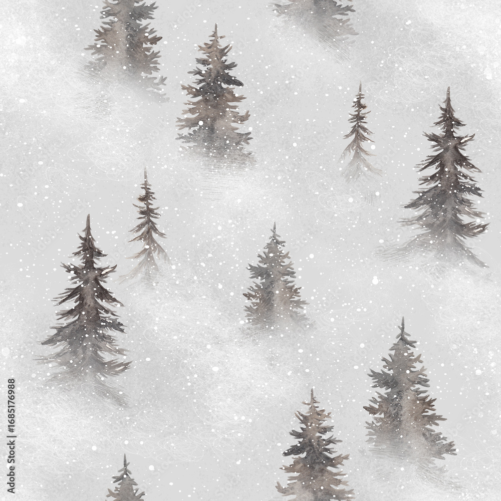 Obraz premium Watercolor seamless pattern with a winter forest image. Snowfall in the mountains. Textile print, page filling, wrapping paper. Winter background.