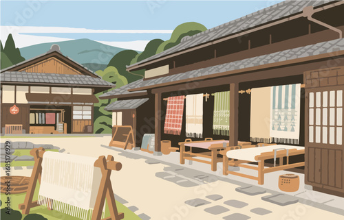Japanese style architecture and scenery, vector graphics