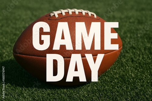 Close-up of an American football with bold Game Day text overlay, natural photographic style, placed on a green grass field, emphasizing sports excitement