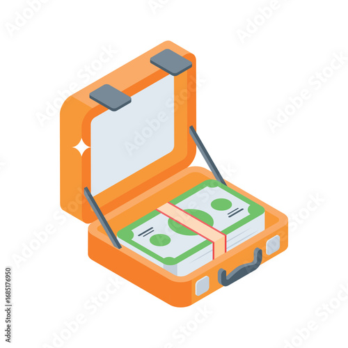 An isometric style icon of locked money briefcase