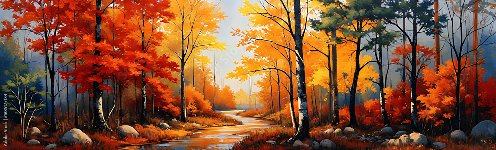 Fototapeta premium Colorful Autumn Forest Impressionist Painting Style Vibrant Brushstrokes