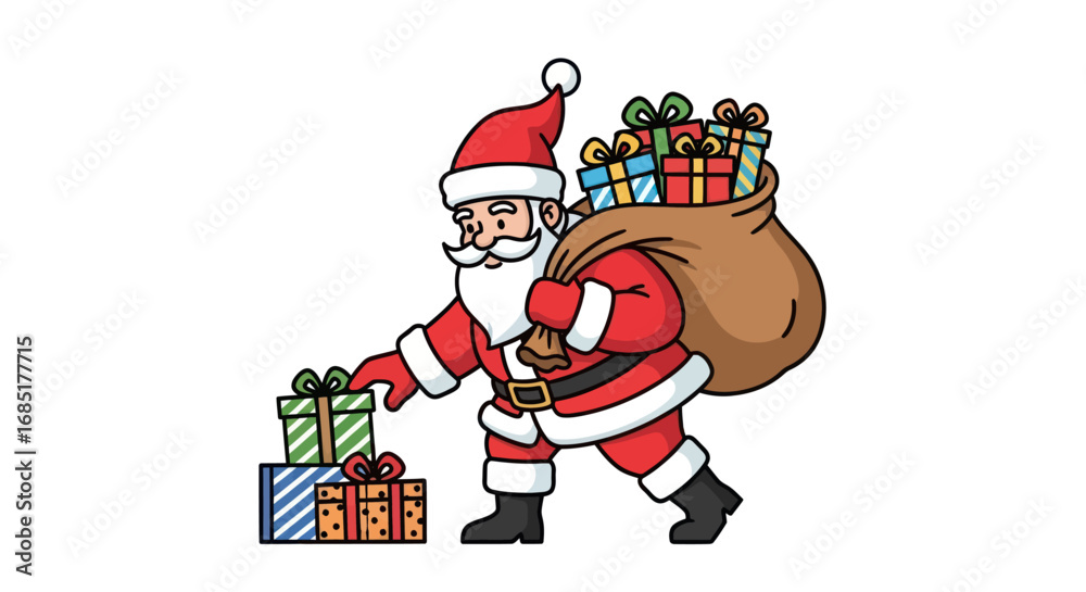 Obraz premium Cartoon Santa Claus Carrying Gifts and a Large Sack.