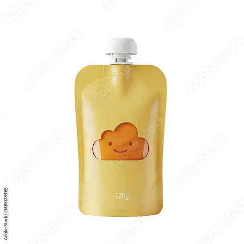Photo of a yellow squeeze pouch with a cartoon cloud character and the text 120g on it, isolated on a transparent background