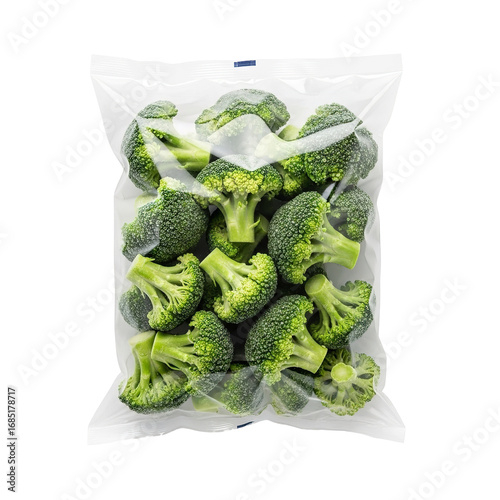Photo of fresh broccoli florets in a clear plastic bag, isolated on transparent background healthy frozen vegetable for cooking and nutrition