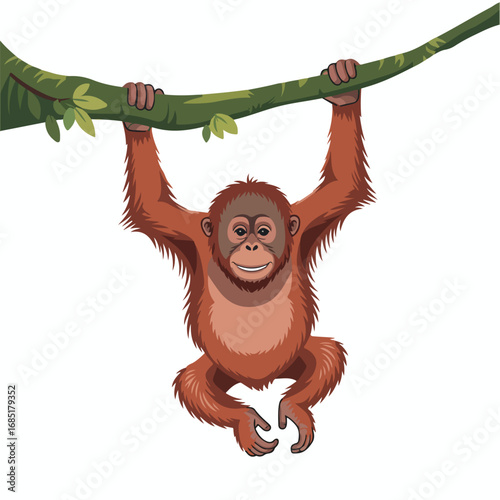 Cartoon orangutan hanging on a tree branch