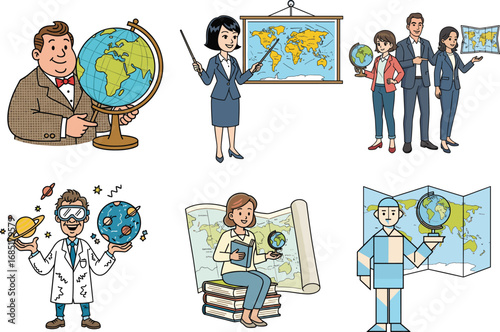 Cartoon characters interacting with globes and maps in educational and scientific scenes, global awareness and geography vector illustration set for design