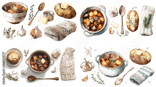 Rustic watercolor illustration of hearty stew with potatoes, garlic, herbs, and knitted mittens. Perfect for winter food design, cozy menus, and seasonal culinary projects.