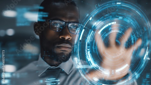 Wallpaper Mural A focused professional interacts with digital interfaces, exploring innovative technology solutions for modern problems. Torontodigital.ca