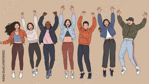 Diverse Group of Joyful Young People Jumping with Arms Raised. Energetic Youth Celebrating Success and Happiness.