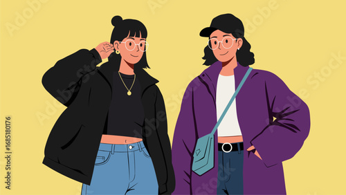 Two stylish young women in trendy streetwear fashion, smiling. Modern casual lifestyle illustration on a vibrant yellow background.