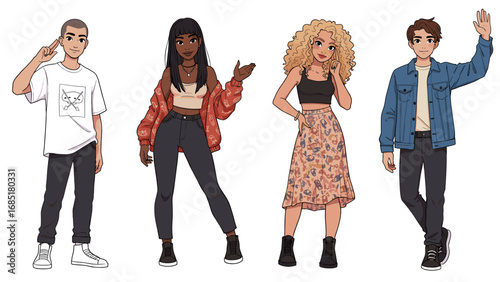 Diverse Group of Young Adults in Casual Modern Outfits Illustration