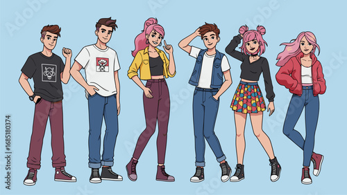 Youthful Diverse Group of Illustrated Characters in Casual Attire
