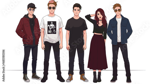 Modern Casual Fashion: Diverse Young Adults Character Illustration