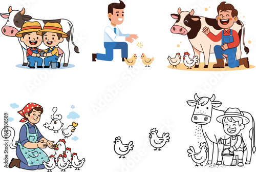 Cartoon farm life scenes with farmers feeding chickens and milking cows, children helping, rural agriculture activities, educational vector illustration for kids