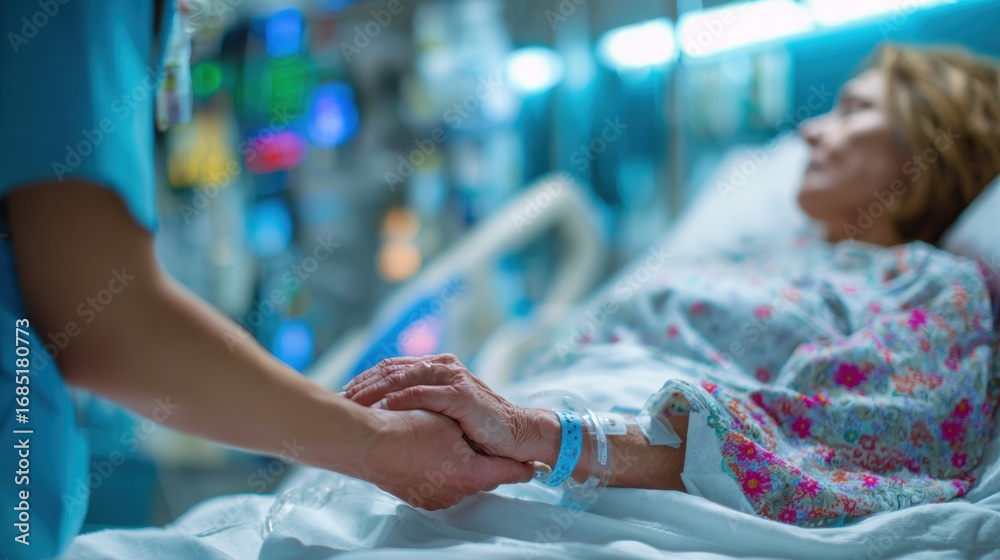Fototapeta premium A nurse holds the hand of a patient in a hospital, symbolizing care, empathy, and the human connection in healthcare.