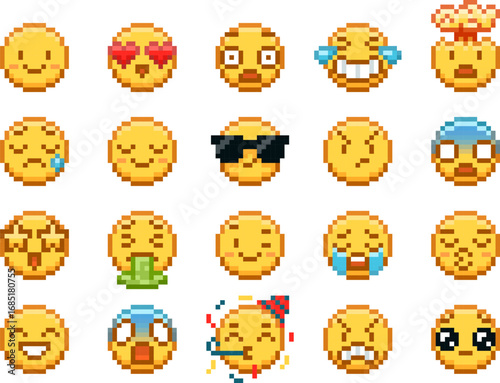 Emoji emoticon pixel art positive and negative expression vector icons set, 8bit color sad and happy, sleep and cry face