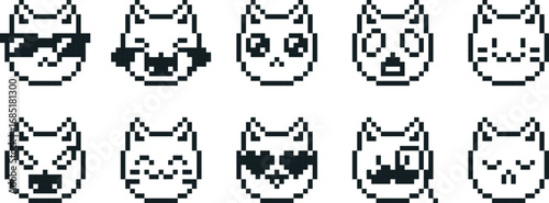 Cat emoji emoticon pixel art positive and negative expression vector icons set, black outline 8 bit sad happy pet muzzle