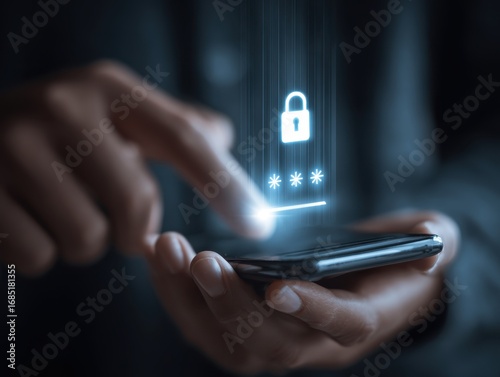 Person using a smartphone with a password input or OTP code and lock icon, emphasizing security and online authentication. data protection and secured internet access